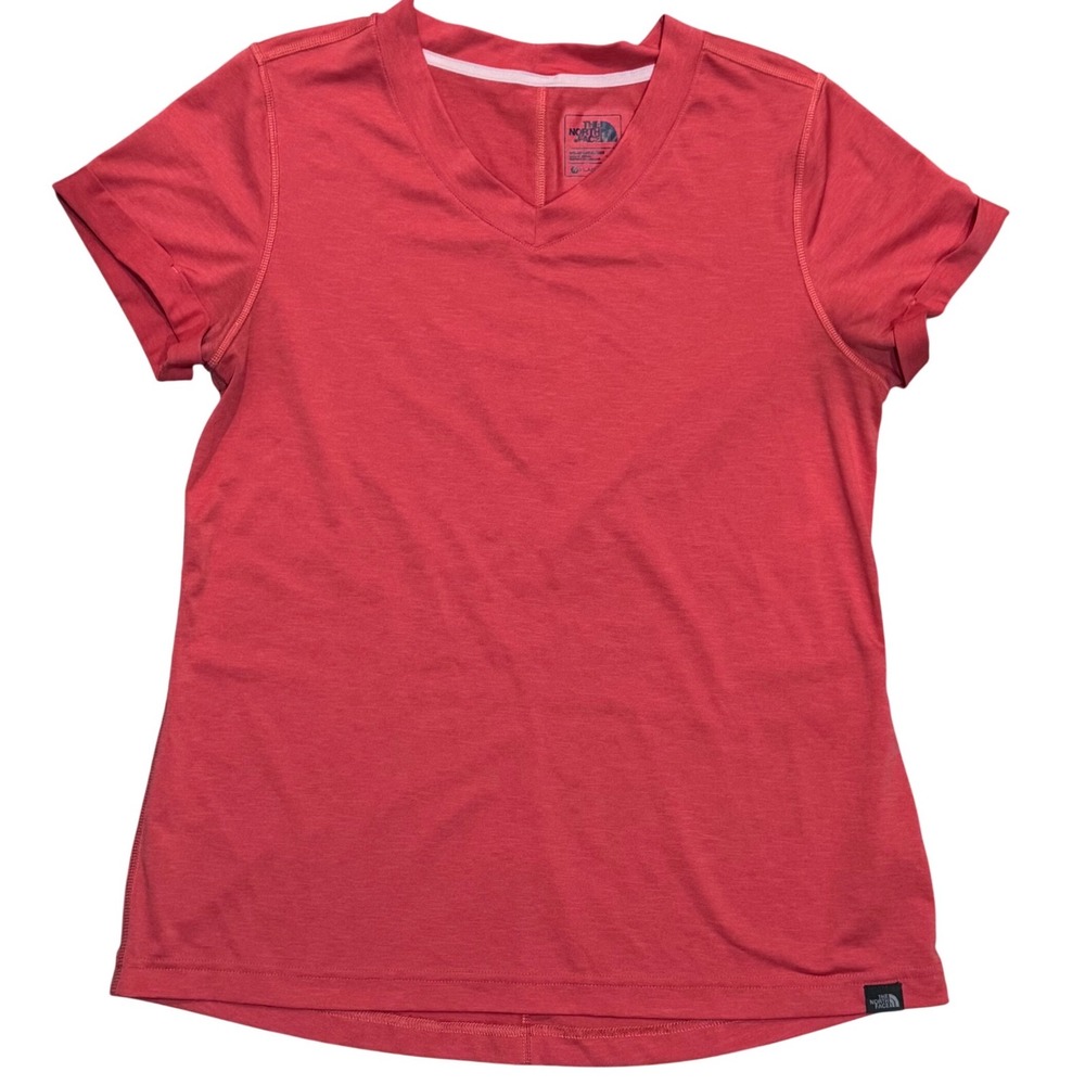 The North Face Women Flash Dry‎ V Neck Top Salmon Red Cuffed Sleeve L Athletic